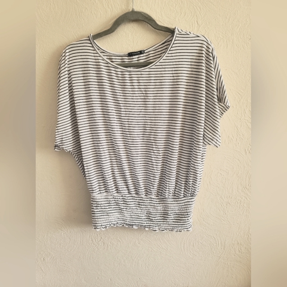 STACCATO Gabriella Smocked Bottom Top, White and‎ Black Stripes, Size Large